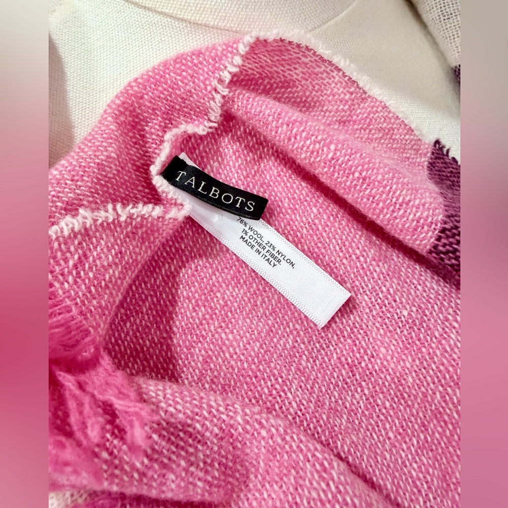 Reduced - Talbots Pink Plaid Fringe Wrap 
Scarf / Sarong - Picture 4 of 5